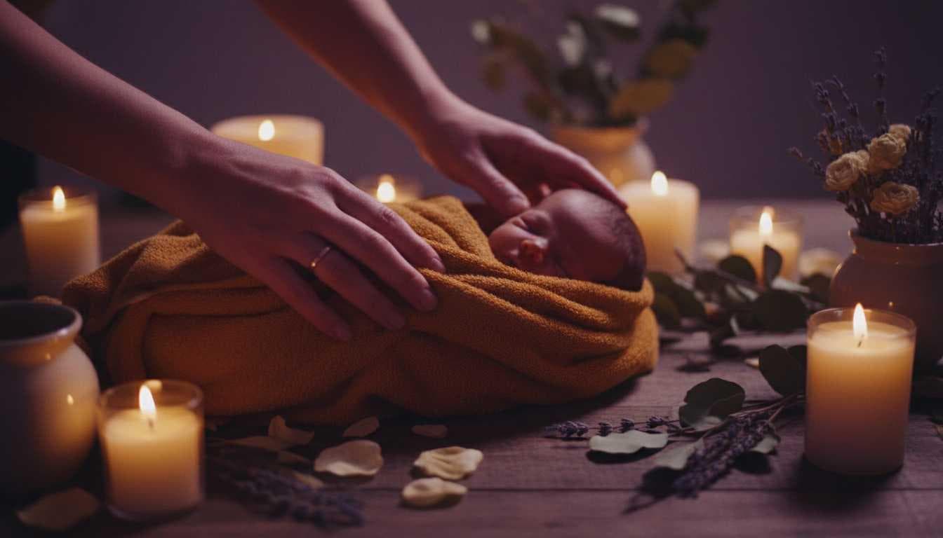 A newborn swaddled in candlelight surrounded by lavender and dried flowers
